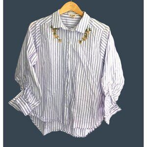 PASSAPORT- WOMENS BLUE/WHITE STRIPE FRONT EMBROIDER LONG SLEEVE 100% COTTON SZ L